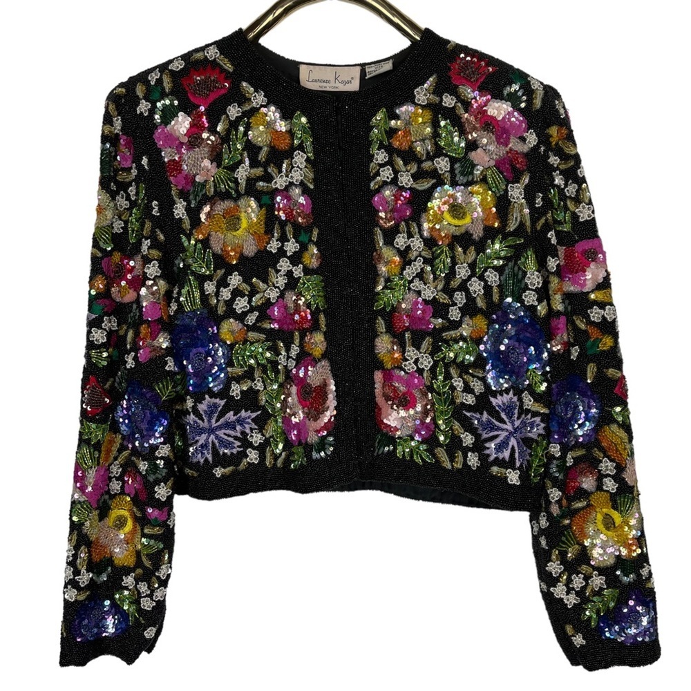 LAURENCE KAZAR VINTAGE BEAD EMBELLISHED EMBROIDERED HEAVY FLORAL EVENING JACKET - Picture 4 of 15